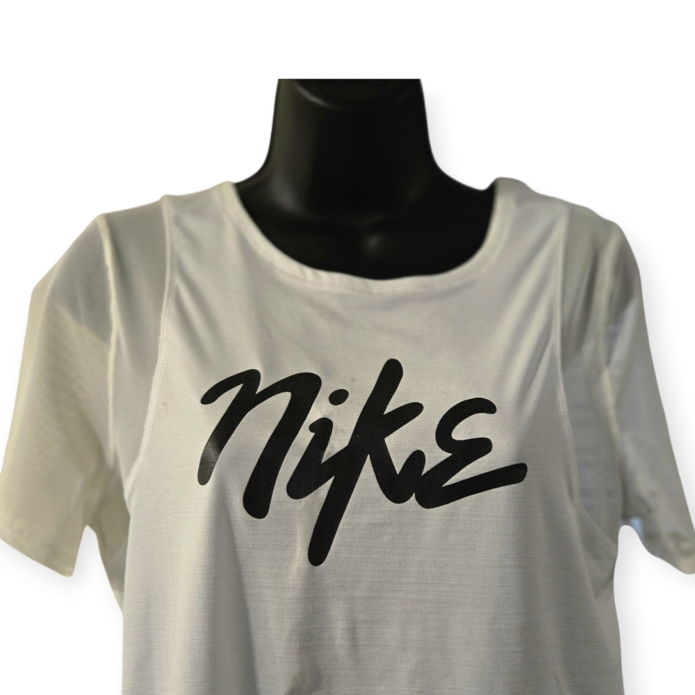 Nike Women's Black Logo White Tee With Netted Short Sleeves